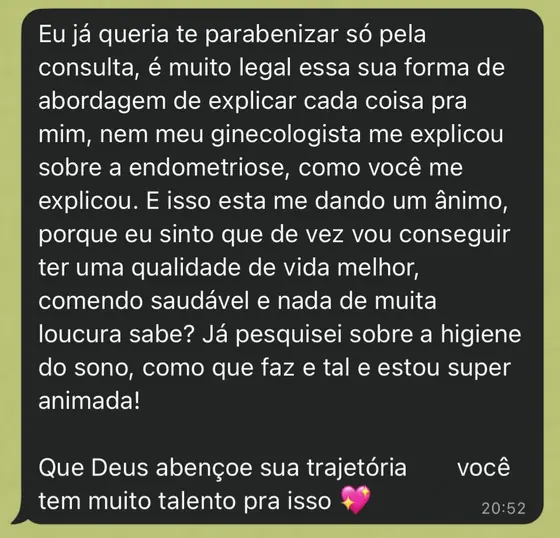 Mensagem de WhatsApp de uma paciente elogiando a explicação sobre endometriose e a orientação sobre higiene do sono.